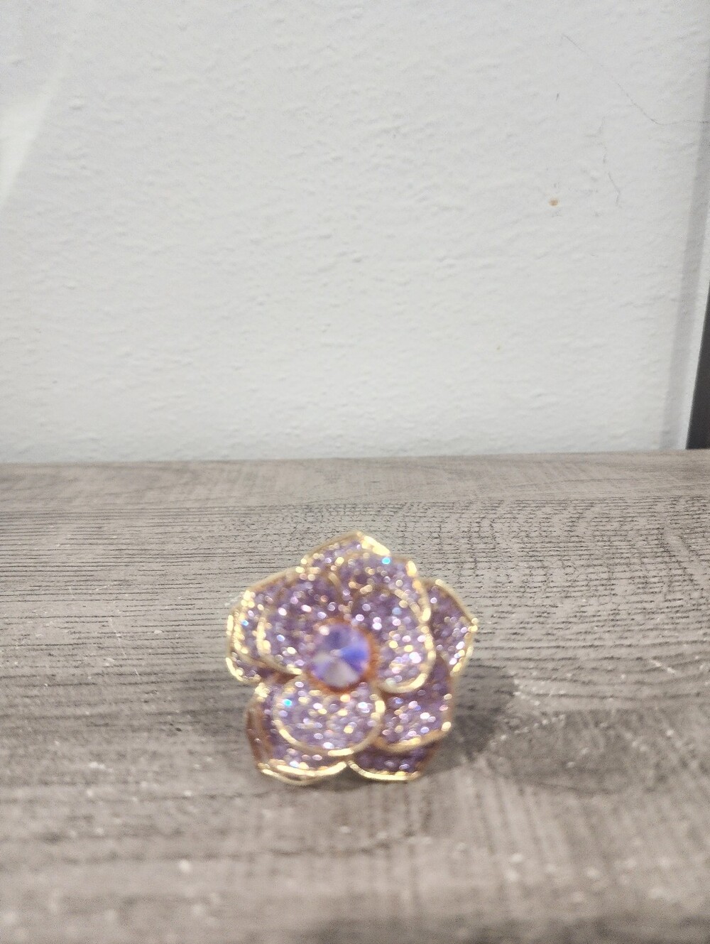 Gold-Tone Purple Crystal Flower Statement Ring